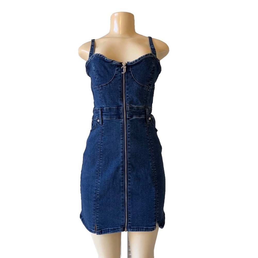 Juicy Couture Denim Dress Womens Medium Blue Zipper Front Rhinestone Y2K Mini